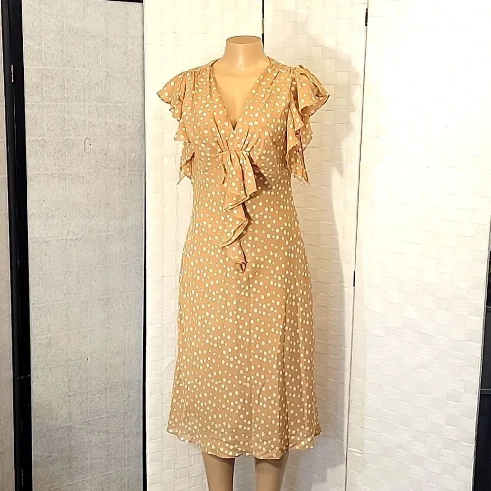 BRAND NEW METAPHOR V-NECK RUFFLE DESIGN POLKA-DOT FLIRTY DRESS